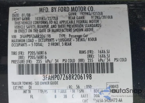 2008 Ford Fusion Se z USA, uszkodzony, nr VIN 3FAHP07Z68R206198